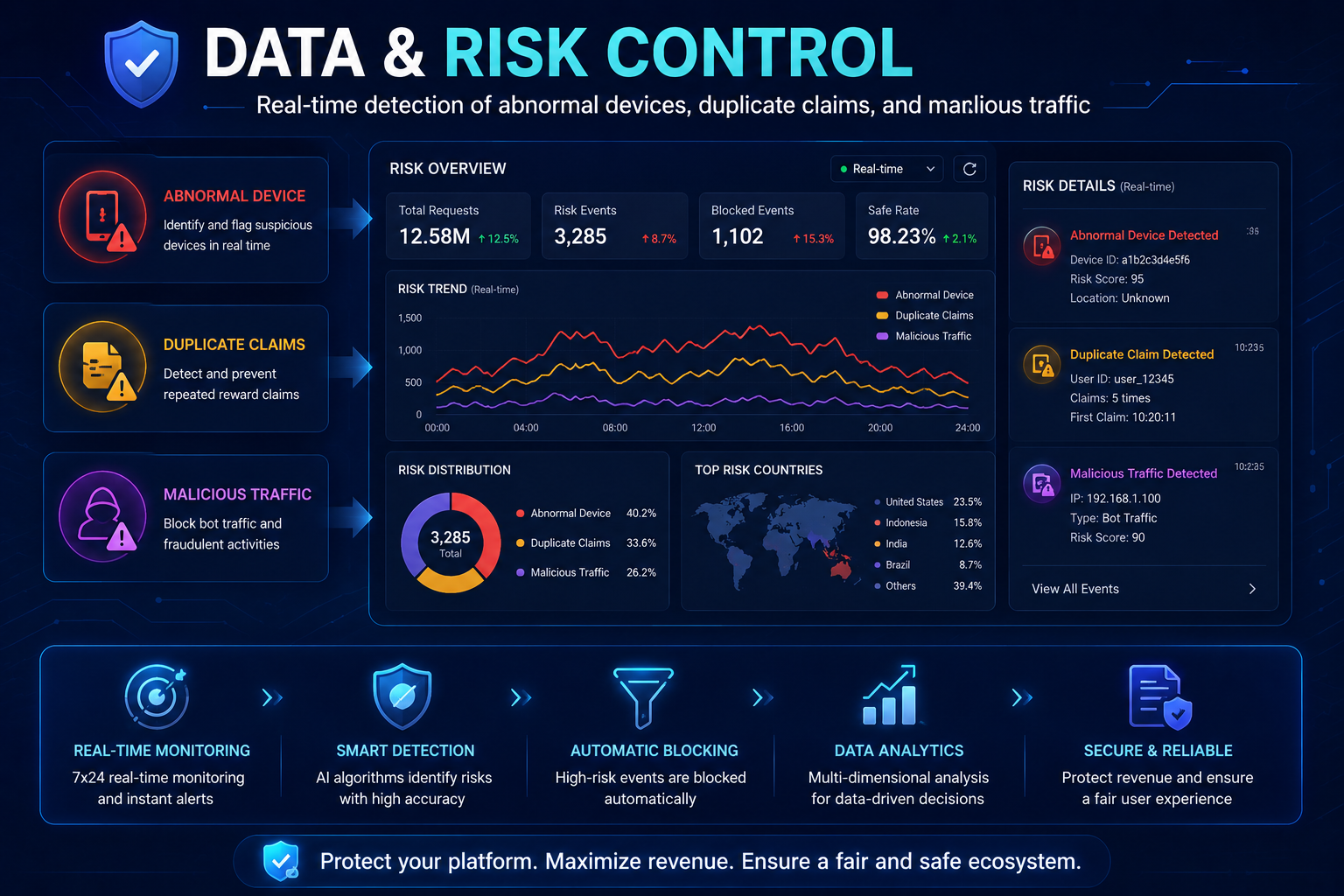 Data and risk control dashboard for abnormal devices, duplicate claims, and malicious traffic
